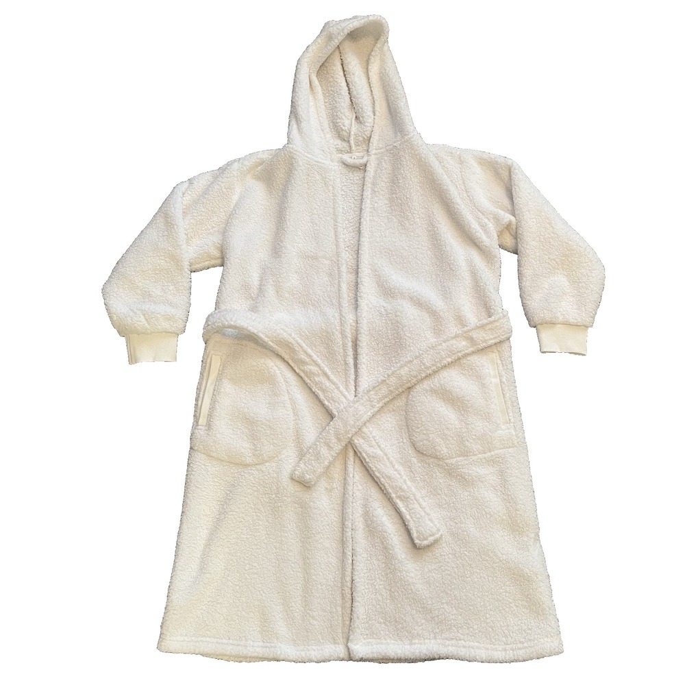Pottery Barn Women's S Sherpa Robe Belted Long Sleeve Hooded Cozy Ivory